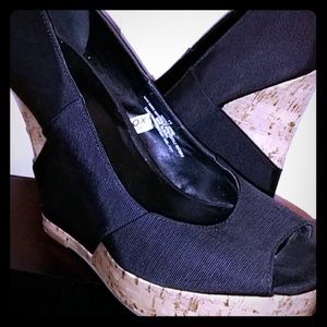 Black and cork wedge heels